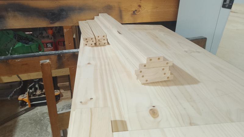 The cabinets are made from those glued together timber floor boards.<br>I used 8mm dowels for the joints,